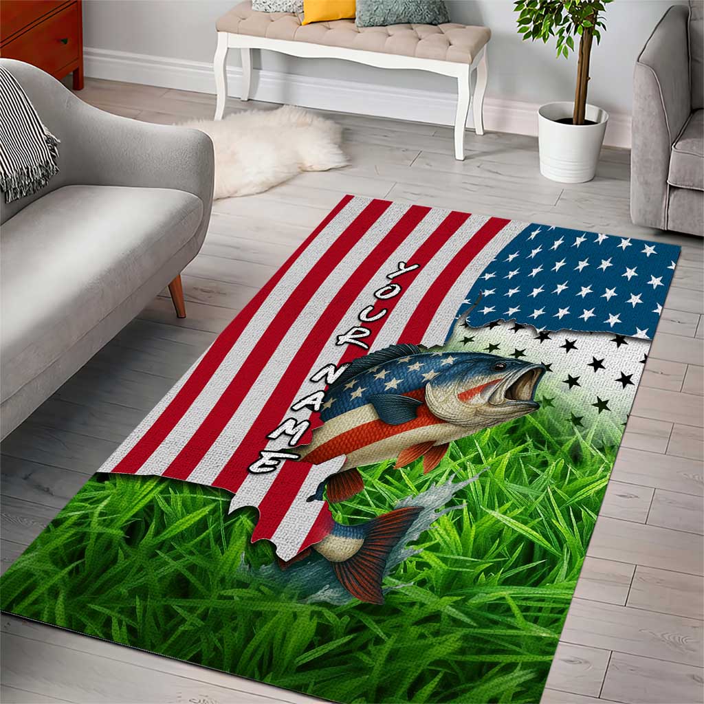 American Flag Bass Fishing Design Area Rug with Largemouth Bass and Green Grass Background - Wonder Print Shop