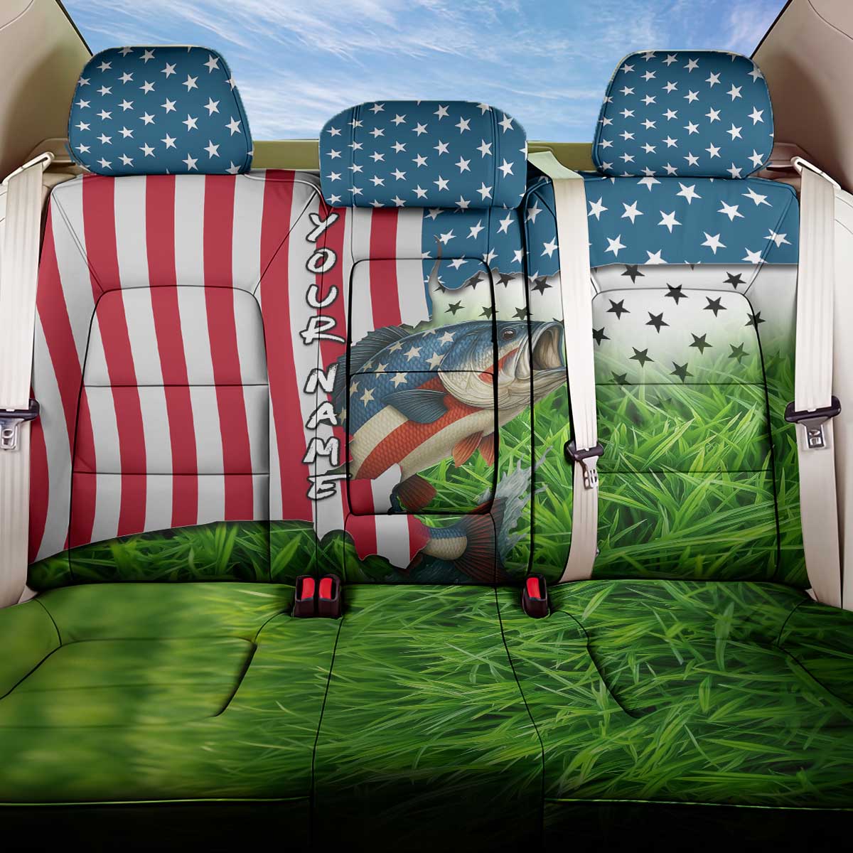 American Flag Bass Fishing Design Back Car Seat Cover with Largemouth Bass and Green Grass Background - Wonder Print Shop
