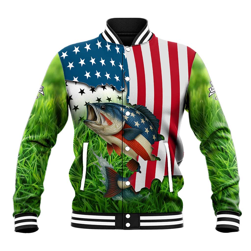 American Flag Bass Fishing Design Baseball Jacket with Largemouth Bass and Green Grass Background - Wonder Print Shop