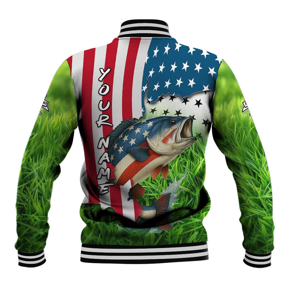 American Flag Bass Fishing Design Baseball Jacket with Largemouth Bass and Green Grass Background - Wonder Print Shop