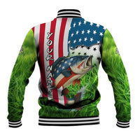 American Flag Bass Fishing Design Baseball Jacket with Largemouth Bass and Green Grass Background - Wonder Print Shop