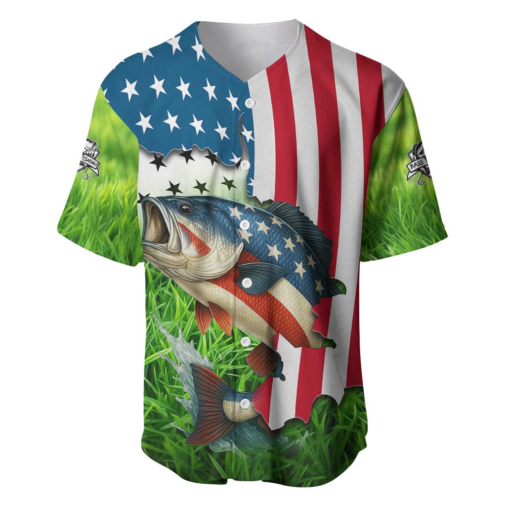 American Flag Bass Fishing Design Baseball Jersey with Largemouth Bass and Green Grass Background - Wonder Print Shop