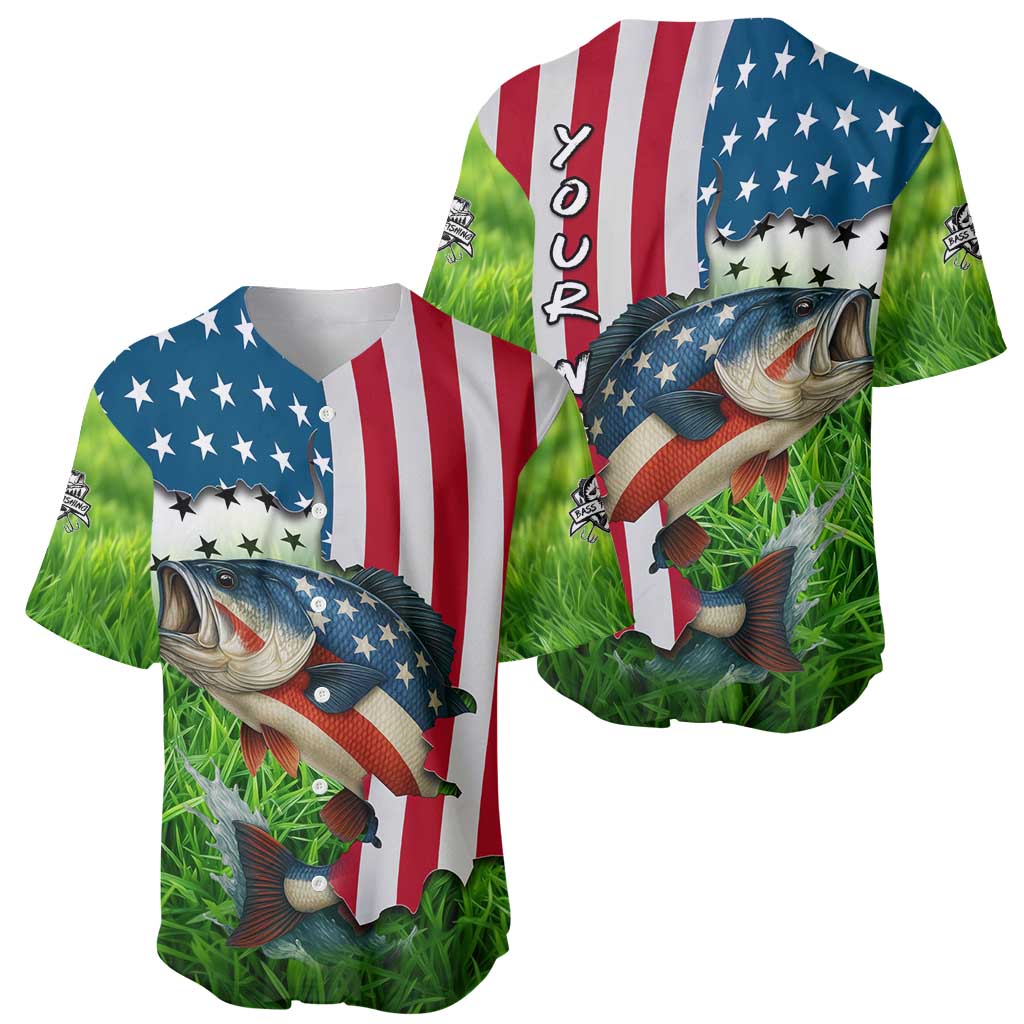American Flag Bass Fishing Design Baseball Jersey with Largemouth Bass and Green Grass Background - Wonder Print Shop