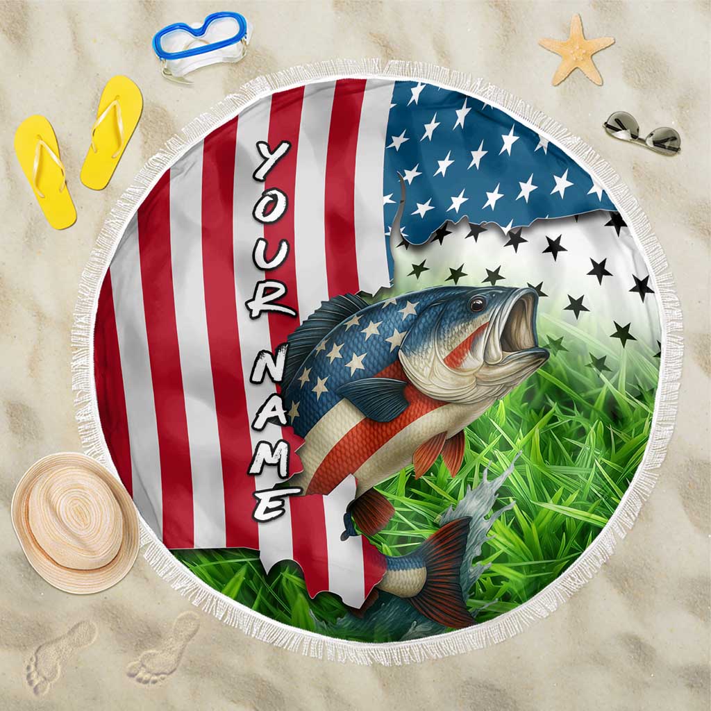 American Flag Bass Fishing Design Beach Blanket with Largemouth Bass and Green Grass Background - Wonder Print Shop