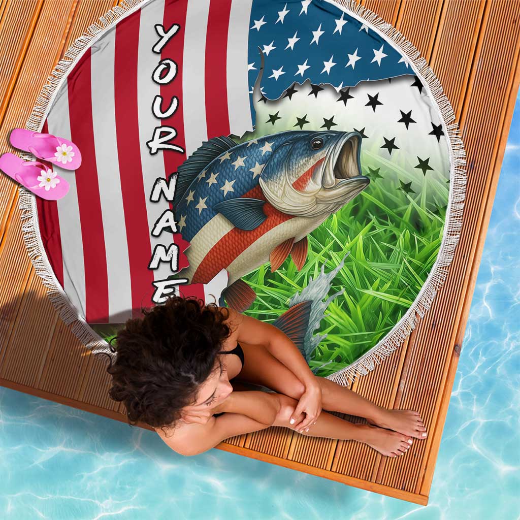 American Flag Bass Fishing Design Beach Blanket with Largemouth Bass and Green Grass Background - Wonder Print Shop