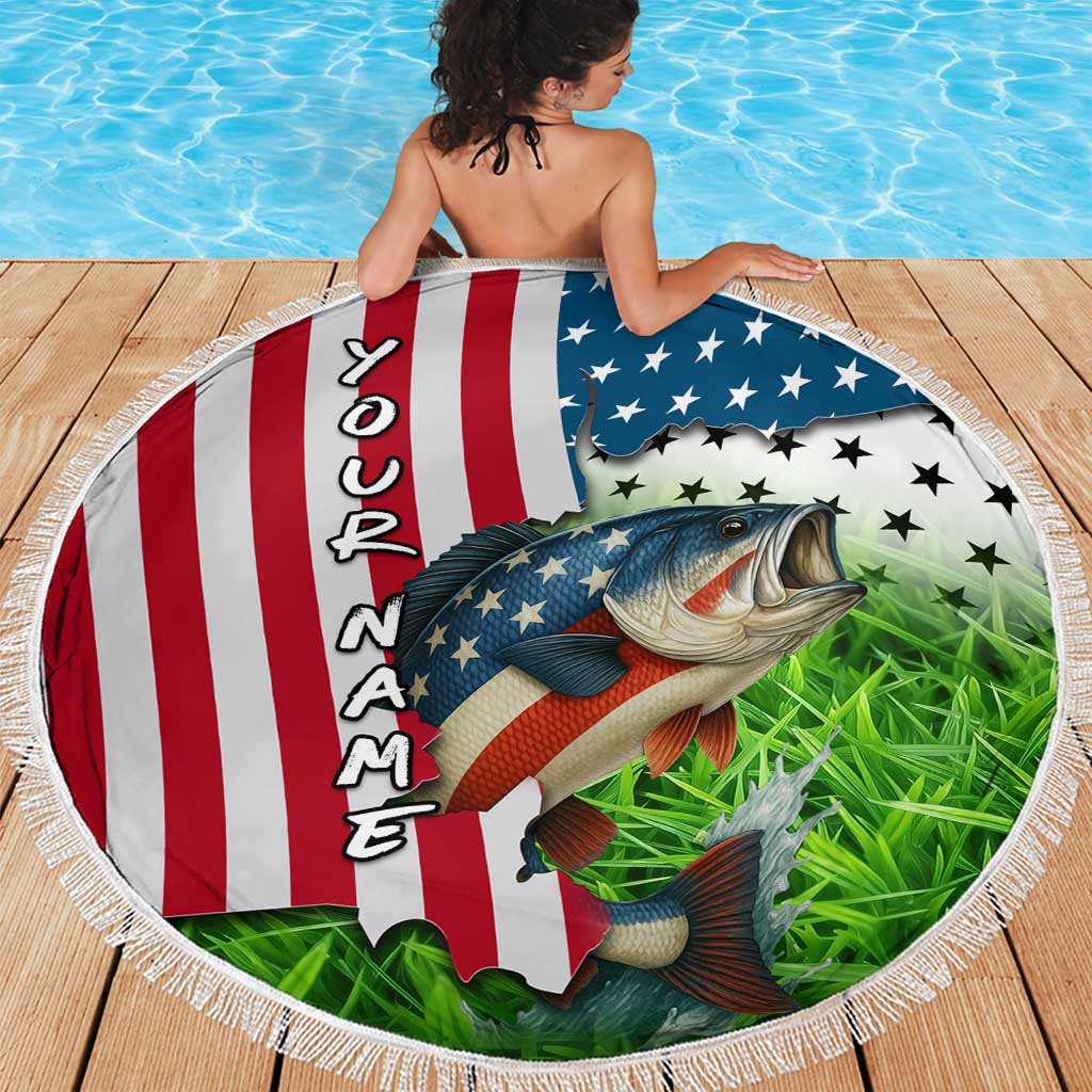 American Flag Bass Fishing Design Beach Blanket with Largemouth Bass and Green Grass Background - Wonder Print Shop