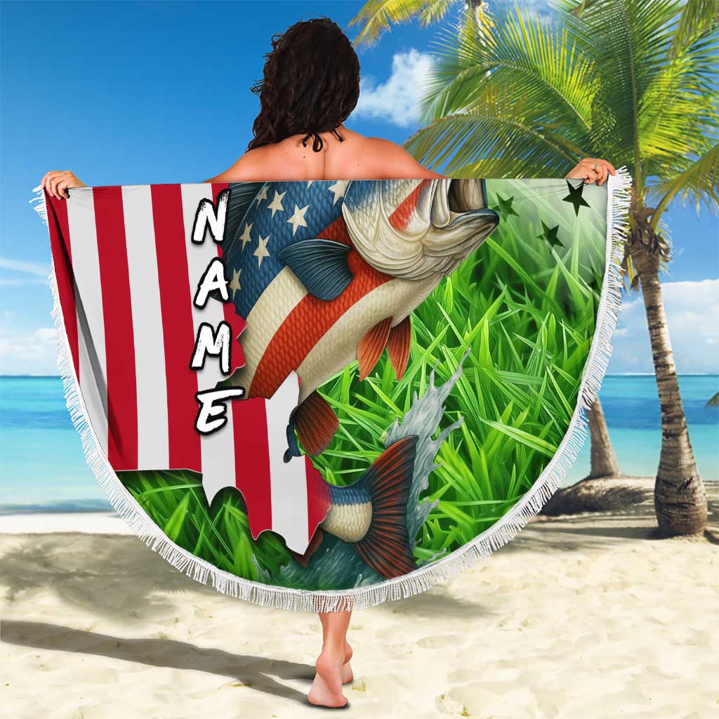 American Flag Bass Fishing Design Beach Blanket with Largemouth Bass and Green Grass Background - Wonder Print Shop