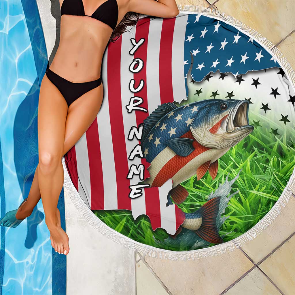 American Flag Bass Fishing Design Beach Blanket with Largemouth Bass and Green Grass Background - Wonder Print Shop