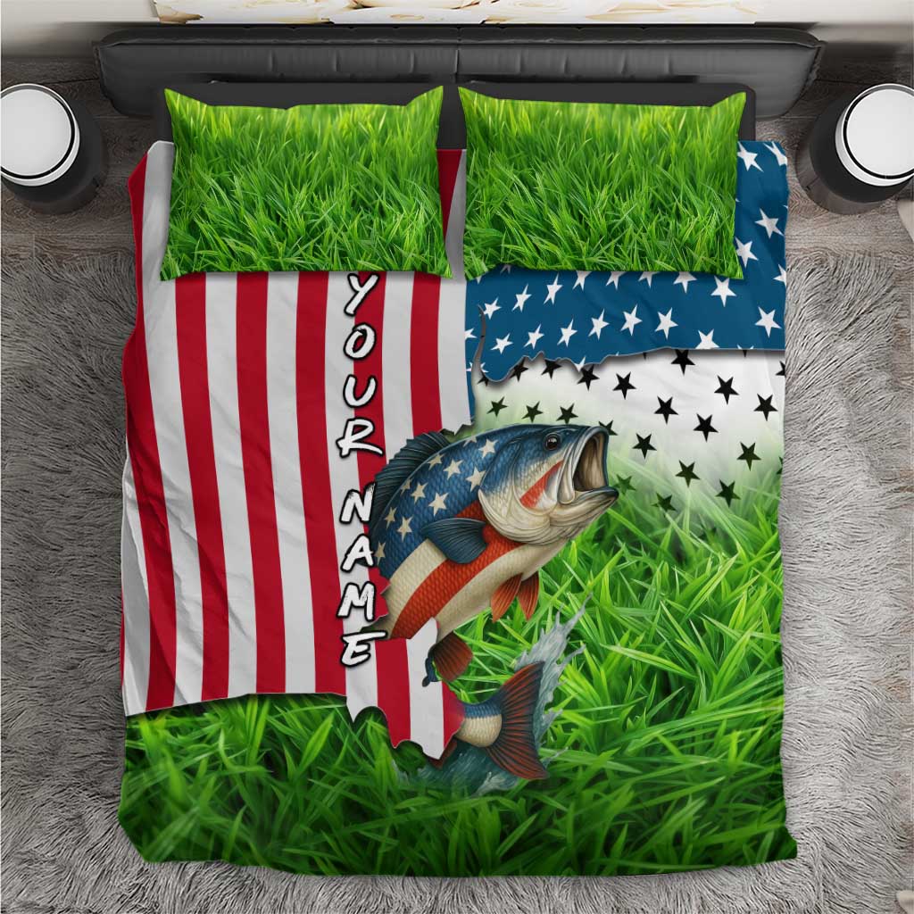 American Flag Bass Fishing Design Bedding Set with Largemouth Bass and Green Grass Background - Wonder Print Shop