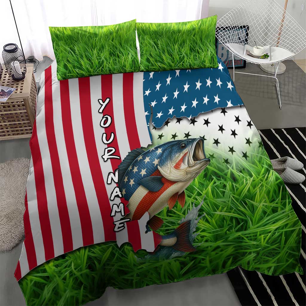 American Flag Bass Fishing Design Bedding Set with Largemouth Bass and Green Grass Background - Wonder Print Shop