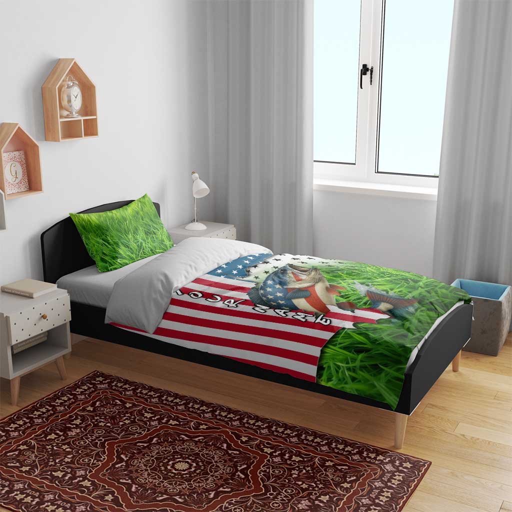 American Flag Bass Fishing Design Bedding Set with Largemouth Bass and Green Grass Background - Wonder Print Shop