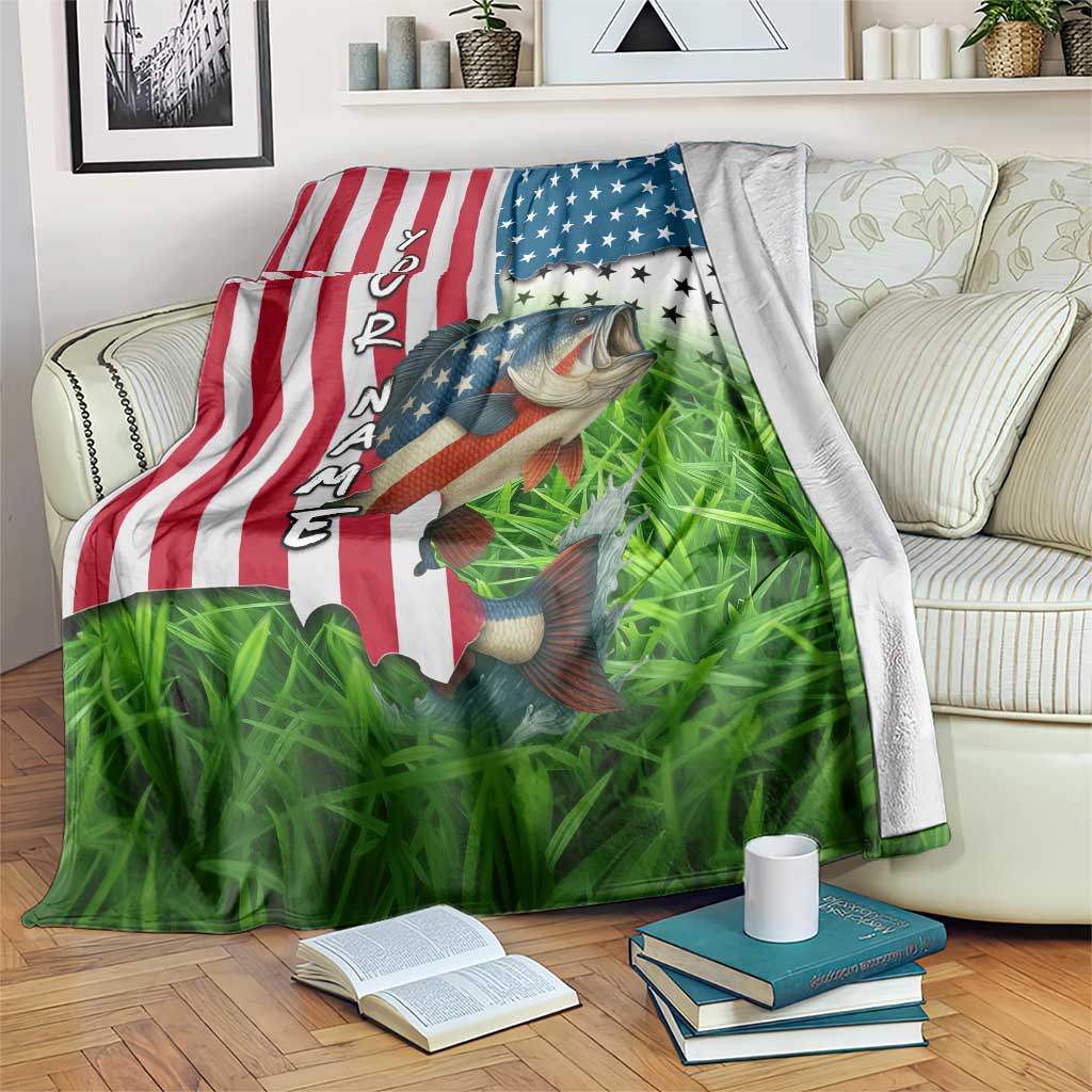American Flag Bass Fishing Design Blanket with Largemouth Bass and Green Grass Background - Wonder Print Shop