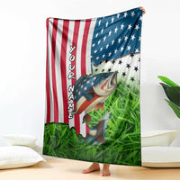 American Flag Bass Fishing Design Blanket with Largemouth Bass and Green Grass Background - Wonder Print Shop