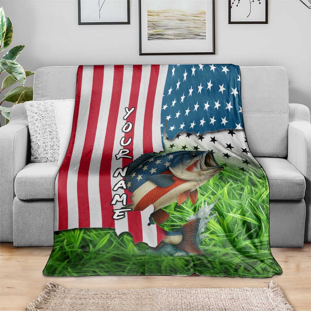 American Flag Bass Fishing Design Blanket with Largemouth Bass and Green Grass Background - Wonder Print Shop