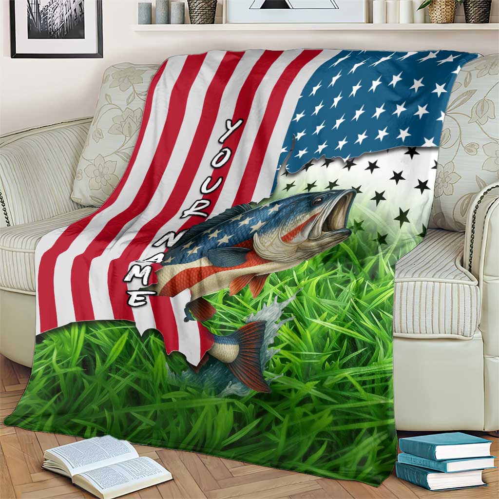 American Flag Bass Fishing Design Blanket with Largemouth Bass and Green Grass Background - Wonder Print Shop