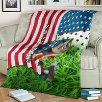 American Flag Bass Fishing Design Blanket with Largemouth Bass and Green Grass Background - Wonder Print Shop
