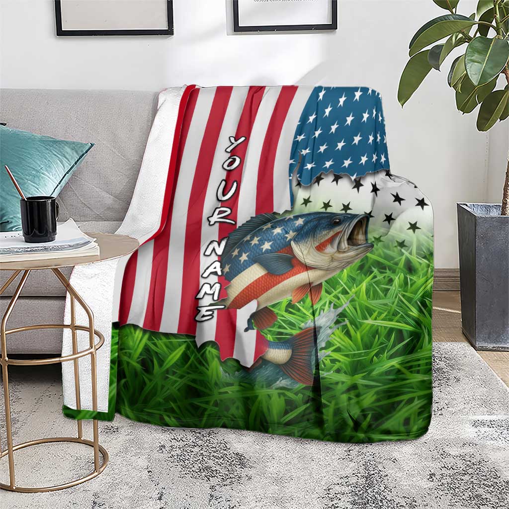American Flag Bass Fishing Design Blanket with Largemouth Bass and Green Grass Background - Wonder Print Shop