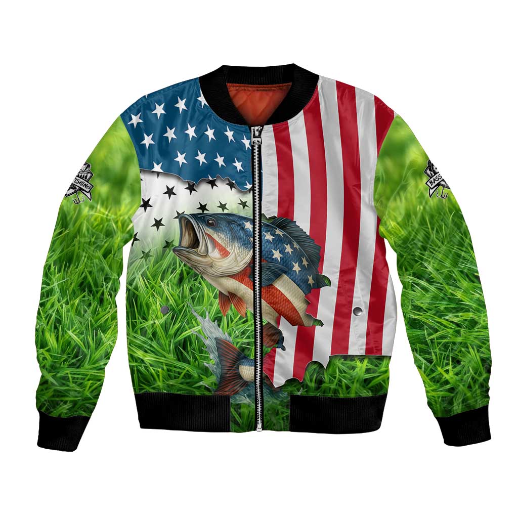 American Flag Bass Fishing Design Bomber Jacket with Largemouth Bass and Green Grass Background - Wonder Print Shop