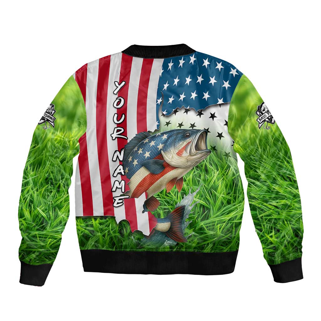 American Flag Bass Fishing Design Bomber Jacket with Largemouth Bass and Green Grass Background - Wonder Print Shop