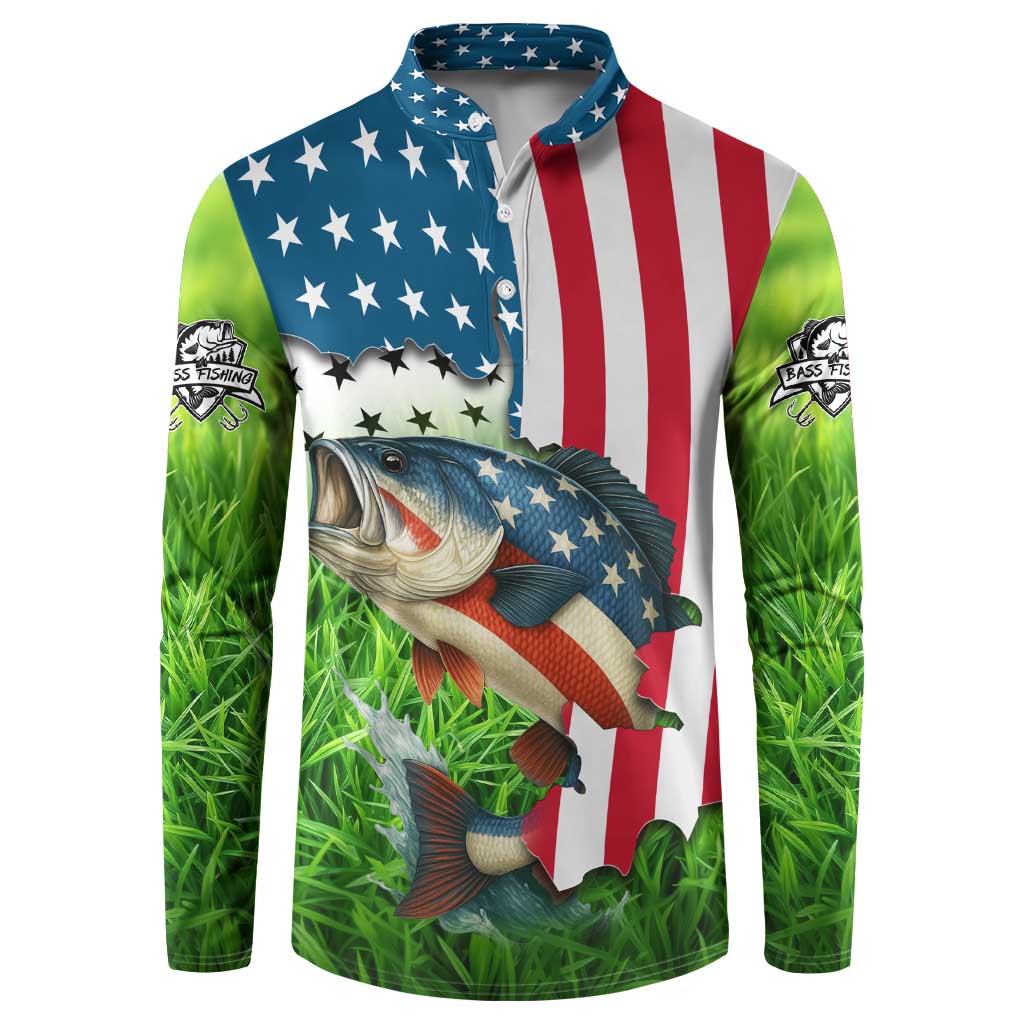 American Flag Bass Fishing Design Button Sweatshirt with Largemouth Bass and Green Grass Background - Wonder Print Shop