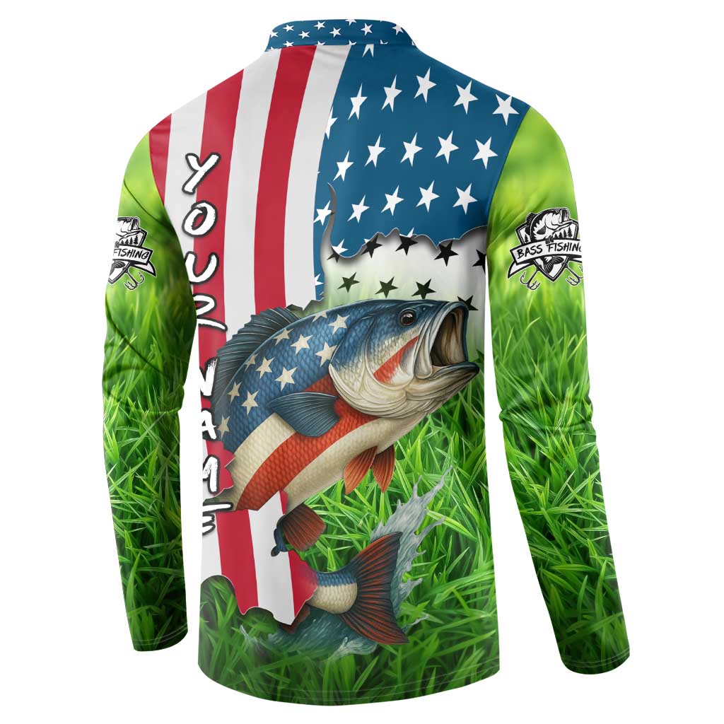 American Flag Bass Fishing Design Button Sweatshirt with Largemouth Bass and Green Grass Background - Wonder Print Shop