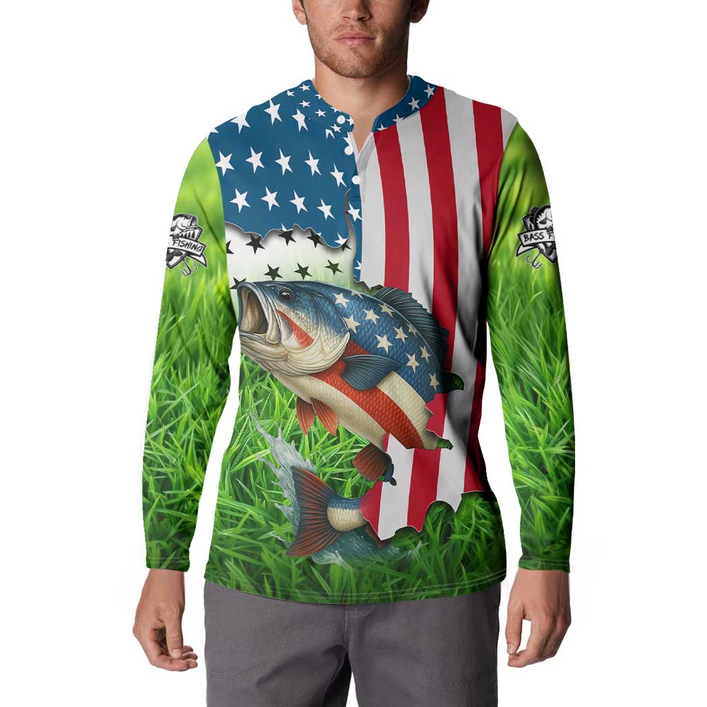 American Flag Bass Fishing Design Button Sweatshirt with Largemouth Bass and Green Grass Background - Wonder Print Shop