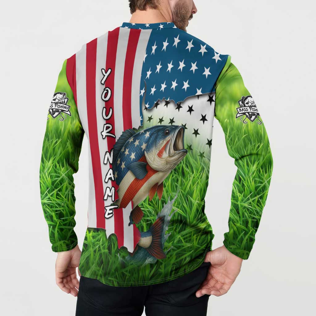 American Flag Bass Fishing Design Button Sweatshirt with Largemouth Bass and Green Grass Background - Wonder Print Shop