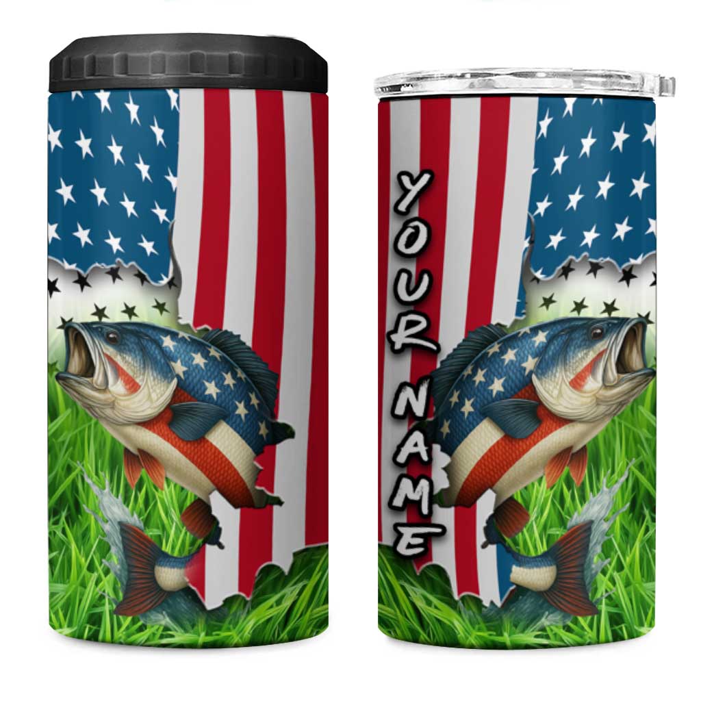 American Flag Bass Fishing Design 4 in 1 Can Cooler Tumbler with Largemouth Bass and Green Grass Background - Wonder Print Shop