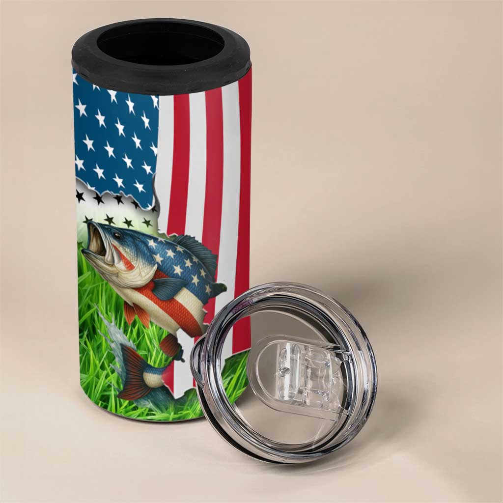 American Flag Bass Fishing Design 4 in 1 Can Cooler Tumbler with Largemouth Bass and Green Grass Background - Wonder Print Shop