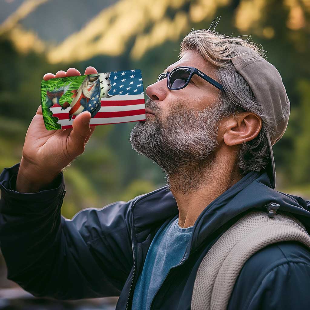 American Flag Bass Fishing Design 4 in 1 Can Cooler Tumbler with Largemouth Bass and Green Grass Background - Wonder Print Shop