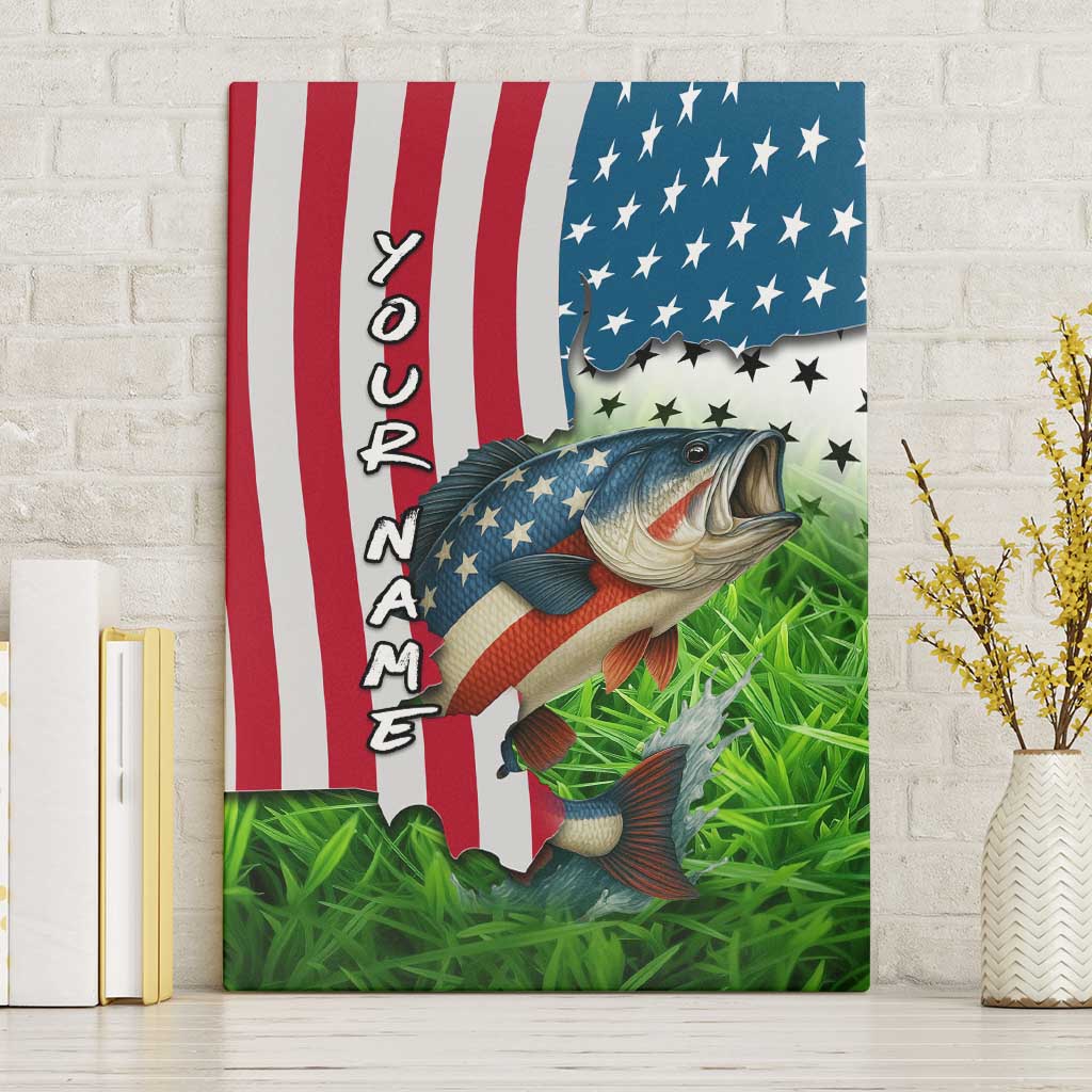 American Flag Bass Fishing Design Canvas Wall Art with Largemouth Bass and Green Grass Background - Wonder Print Shop