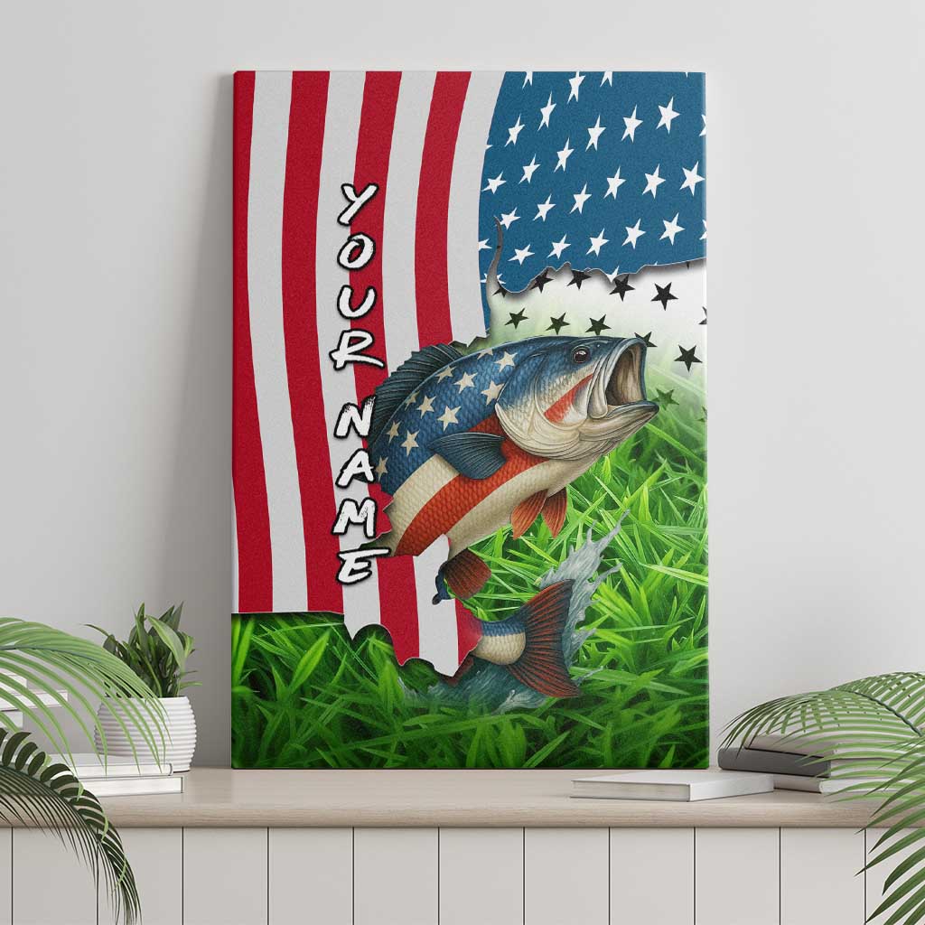 American Flag Bass Fishing Design Canvas Wall Art with Largemouth Bass and Green Grass Background - Wonder Print Shop