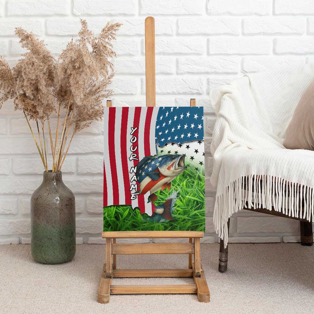 American Flag Bass Fishing Design Canvas Wall Art with Largemouth Bass and Green Grass Background - Wonder Print Shop