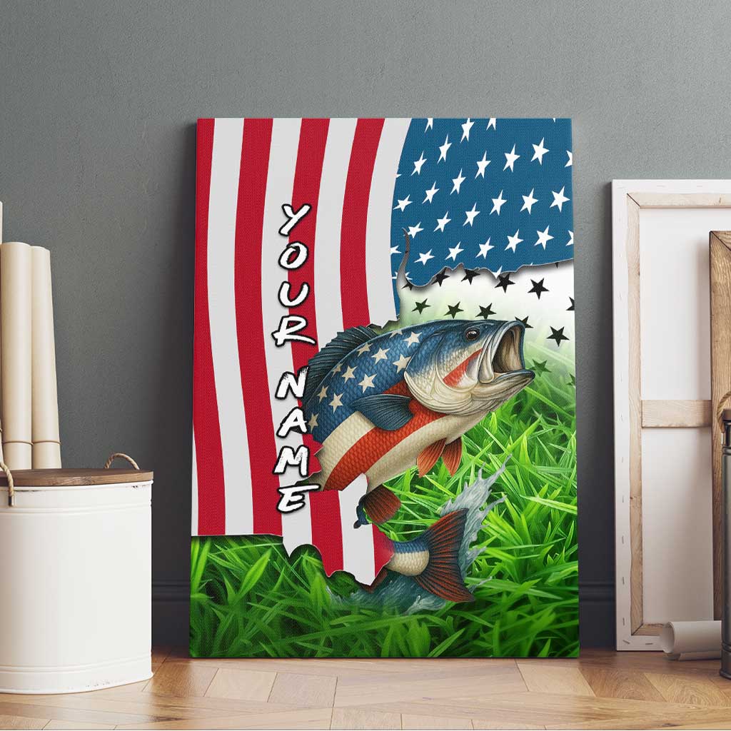 American Flag Bass Fishing Design Canvas Wall Art with Largemouth Bass and Green Grass Background - Wonder Print Shop