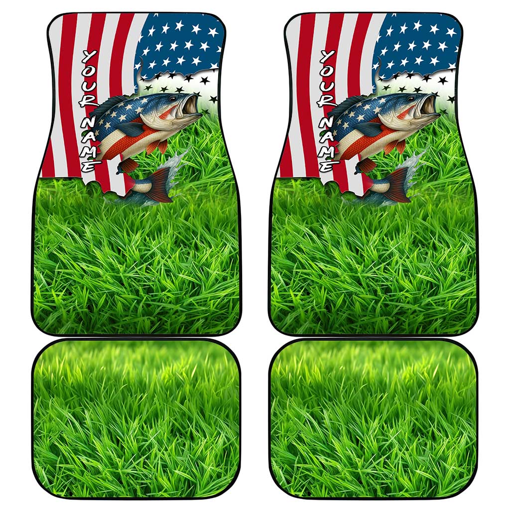 American Flag Bass Fishing Design Car Mats with Largemouth Bass and Green Grass Background - Wonder Print Shop