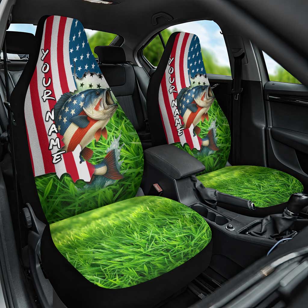 American Flag Bass Fishing Design Car Seat Cover with Largemouth Bass and Green Grass Background - Wonder Print Shop