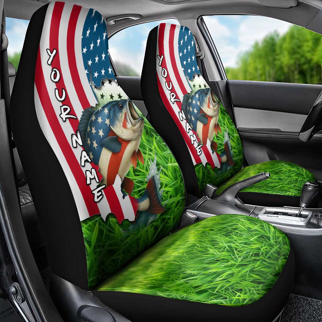 American Flag Bass Fishing Design Car Seat Cover with Largemouth Bass and Green Grass Background - Wonder Print Shop