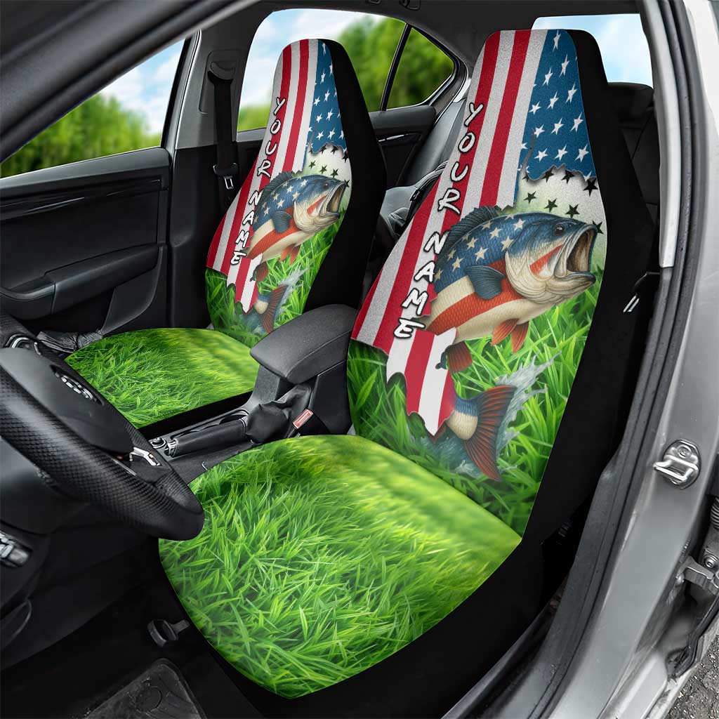 American Flag Bass Fishing Design Car Seat Cover with Largemouth Bass and Green Grass Background - Wonder Print Shop