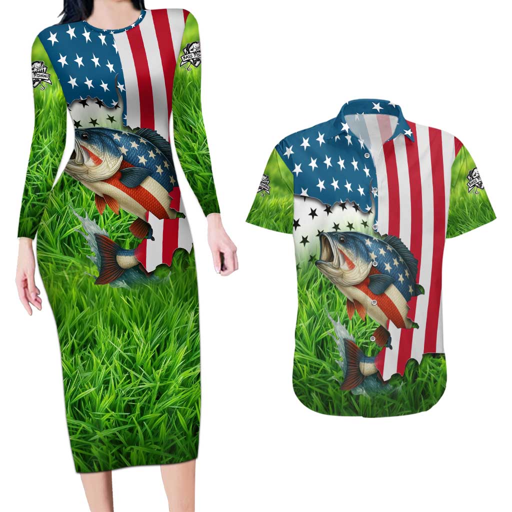 American Flag Bass Fishing Design Couples Matching Long Sleeve Bodycon Dress and Hawaiian Shirt with Largemouth Bass and Green Grass Background - Wonder Print Shop