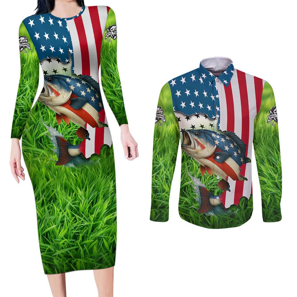 American Flag Bass Fishing Design Couples Matching Long Sleeve Bodycon Dress and Long Sleeve Button Shirt with Largemouth Bass and Green Grass Background - Wonder Print Shop