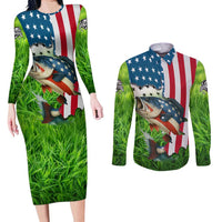 American Flag Bass Fishing Design Couples Matching Long Sleeve Bodycon Dress and Long Sleeve Button Shirt with Largemouth Bass and Green Grass Background - Wonder Print Shop