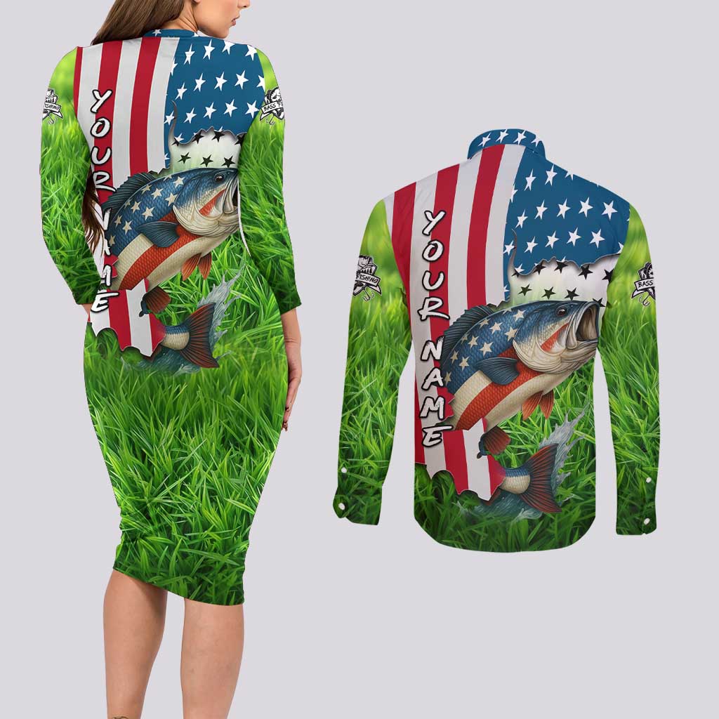 American Flag Bass Fishing Design Couples Matching Long Sleeve Bodycon Dress and Long Sleeve Button Shirt with Largemouth Bass and Green Grass Background - Wonder Print Shop