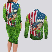 American Flag Bass Fishing Design Couples Matching Long Sleeve Bodycon Dress and Long Sleeve Button Shirt with Largemouth Bass and Green Grass Background - Wonder Print Shop