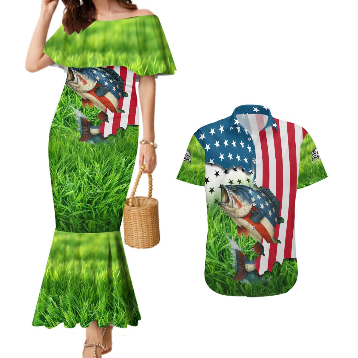 American Flag Bass Fishing Design Couples Matching Mermaid Dress and Hawaiian Shirt with Largemouth Bass and Green Grass Background - Wonder Print Shop