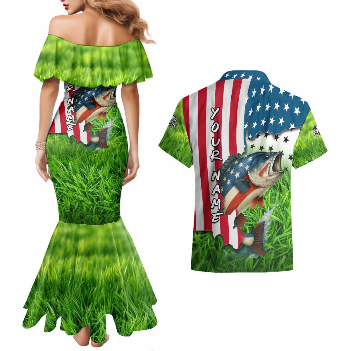 American Flag Bass Fishing Design Couples Matching Mermaid Dress and Hawaiian Shirt with Largemouth Bass and Green Grass Background - Wonder Print Shop