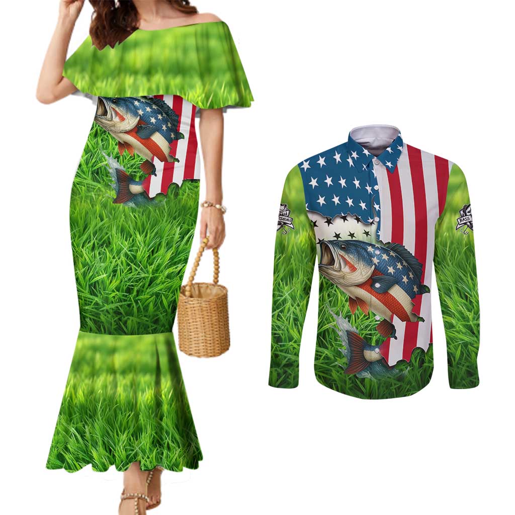 American Flag Bass Fishing Design Couples Matching Mermaid Dress and Long Sleeve Button Shirt with Largemouth Bass and Green Grass Background - Wonder Print Shop