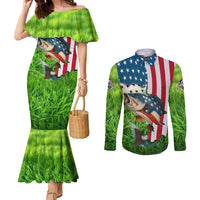 American Flag Bass Fishing Design Couples Matching Mermaid Dress and Long Sleeve Button Shirt with Largemouth Bass and Green Grass Background - Wonder Print Shop