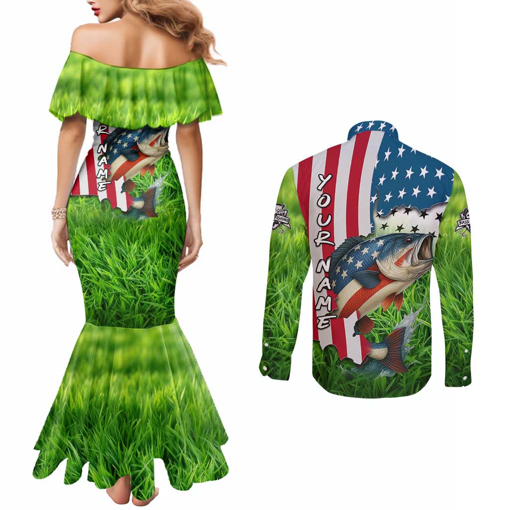 American Flag Bass Fishing Design Couples Matching Mermaid Dress and Long Sleeve Button Shirt with Largemouth Bass and Green Grass Background - Wonder Print Shop