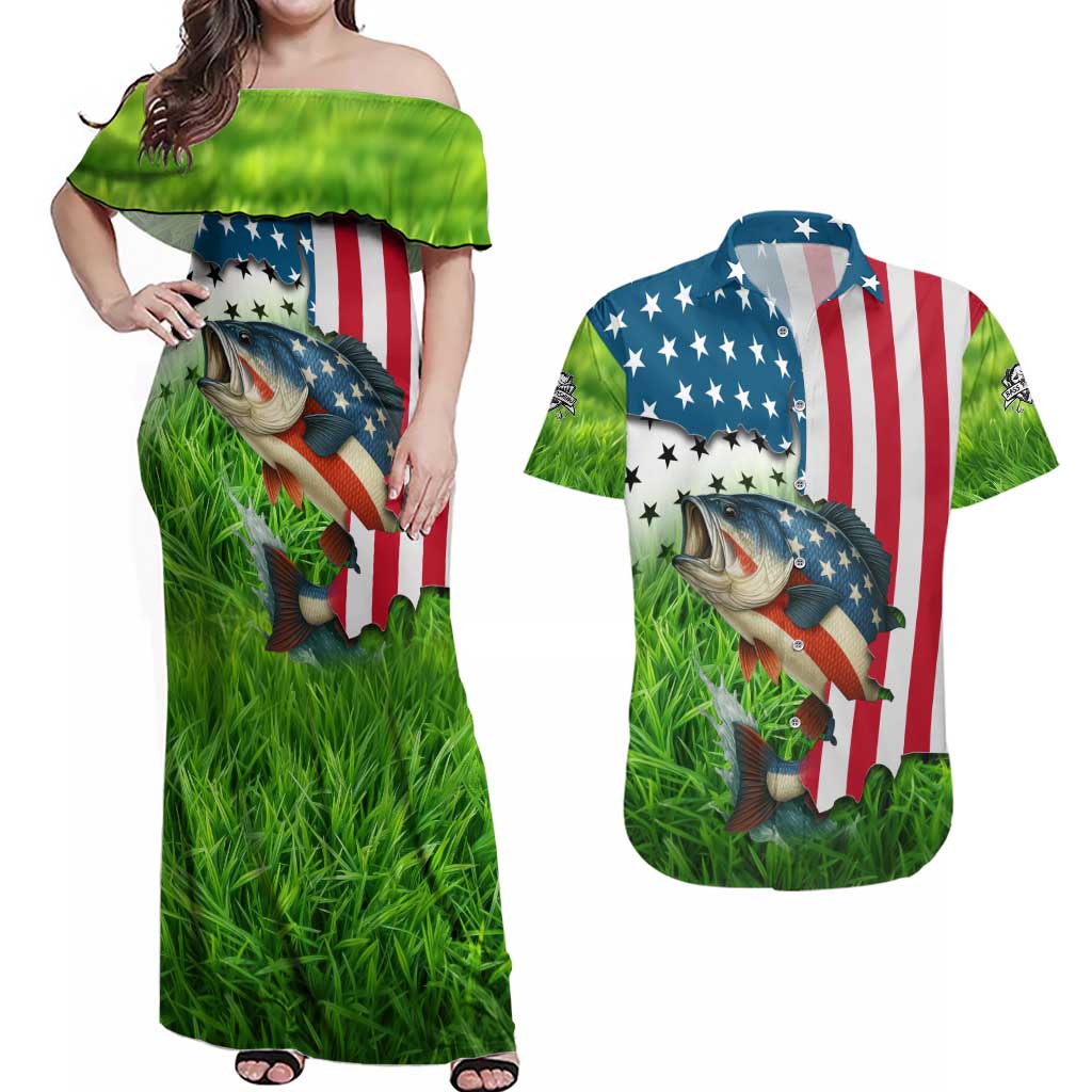 American Flag Bass Fishing Design Couples Matching Off Shoulder Maxi Dress and Hawaiian Shirt with Largemouth Bass and Green Grass Background - Wonder Print Shop