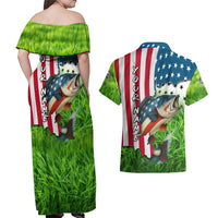 American Flag Bass Fishing Design Couples Matching Off Shoulder Maxi Dress and Hawaiian Shirt with Largemouth Bass and Green Grass Background - Wonder Print Shop